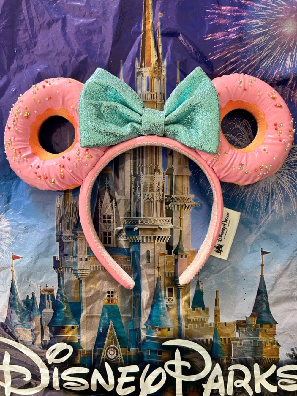 Disney Parks Pink Donut Minnie Ears Headband with Mint Bow